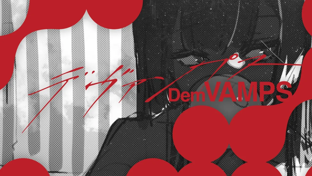 The DemVAMPS logo in red over a monochrome sketch of a long-haired girl blowing bubblegum.