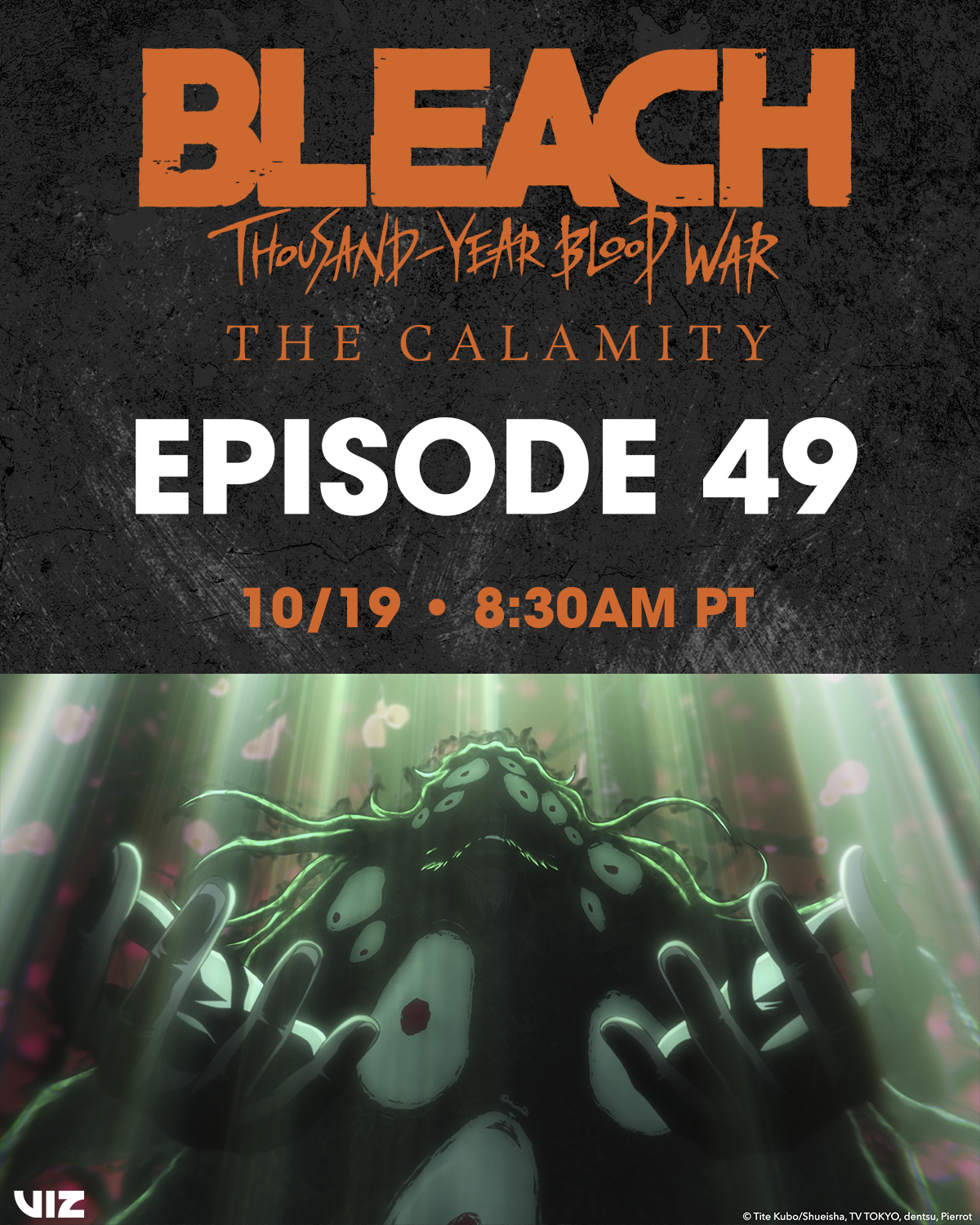 VIZ Media graphic for Bleach: Thousand-Year Blood War - The Calamity episode 49, streaming October 19 at 8:30 a.m. PT