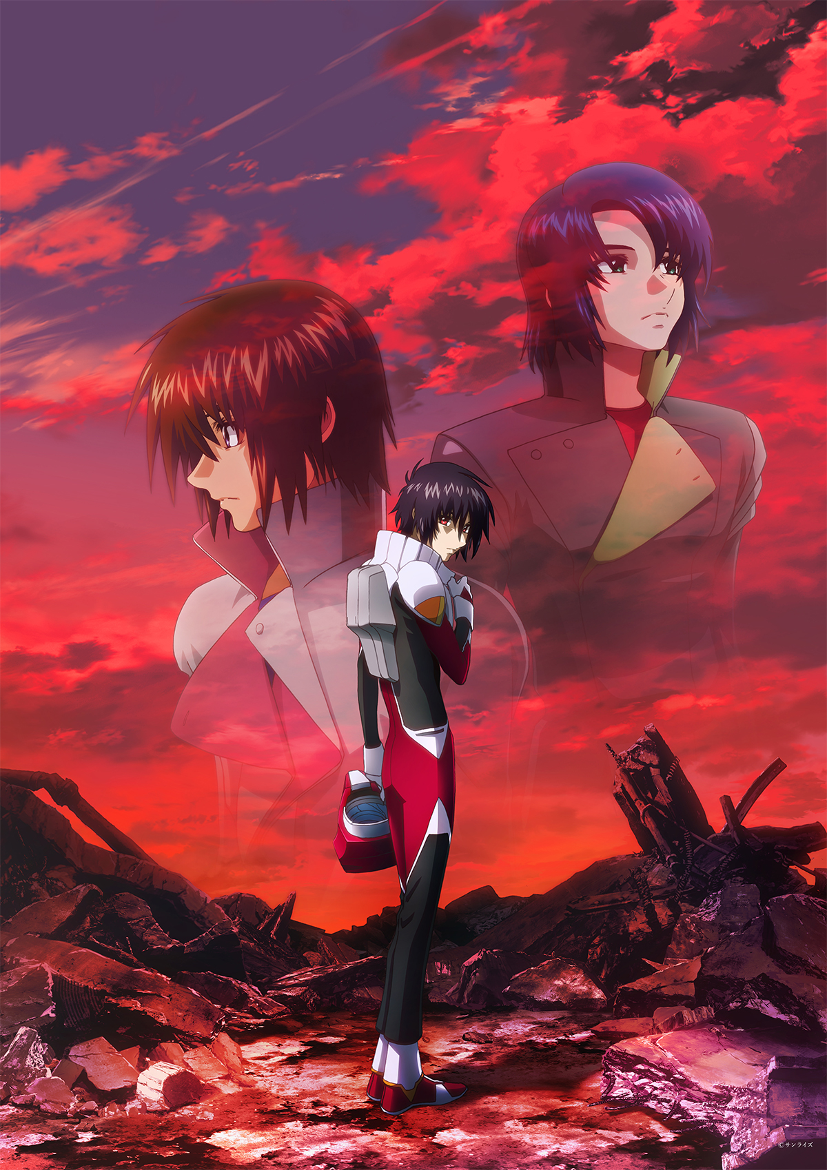 Mobile Suit Gundam SEED FREEDOM ZERO teaser visual with Shinn Asuka standing in rubble under a red sky, with Kira Yamato and Athrun Zala behind him