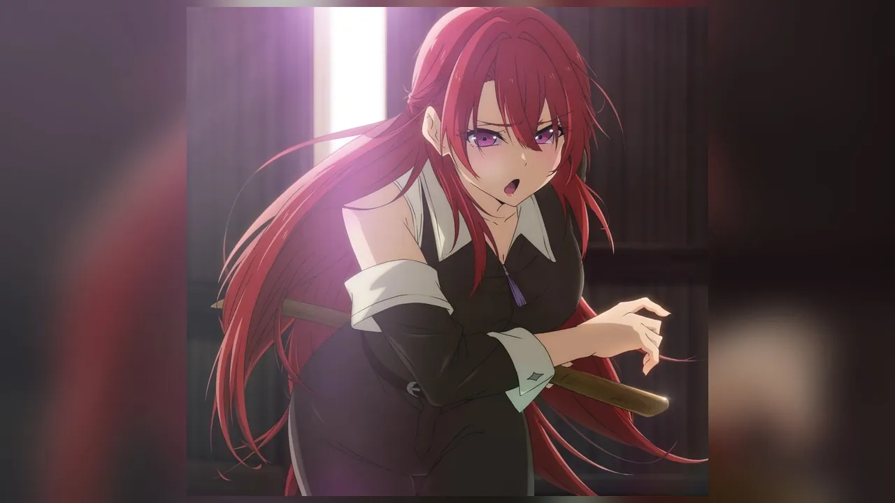 Key visual for My Sword Saint Master Is Too Cute to Live With!: Liza, a swordswoman with long red hair, leans forward with a wooden practice sword in a dim training hall.