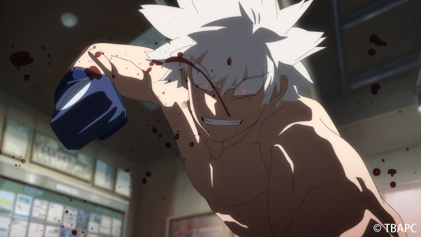 Official still from The Boxer anime showing a white-haired boxer throwing a punch with a blue glove