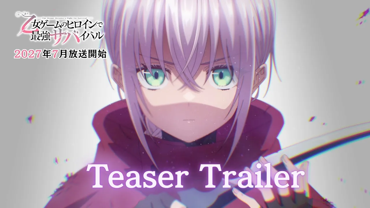 Alia, a girl with pale pink hair and jade eyes in a red hooded cloak, holding a blade in the teaser trailer for The Otome Heroine's Fight for Survival.