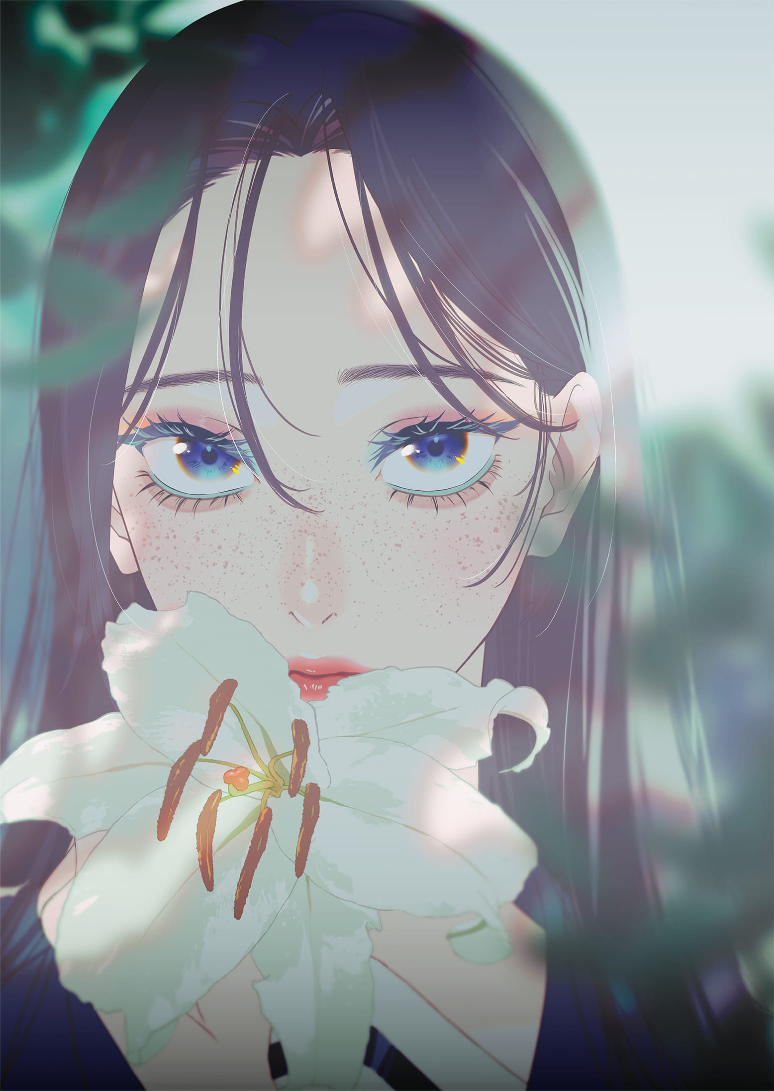 BLESS anime teaser visual with a freckled girl holding a white lily close to her face